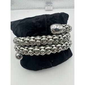 Silver Tone Beaded Coil Wrap Bracelet Stackable No Clasp Round Metal Beads